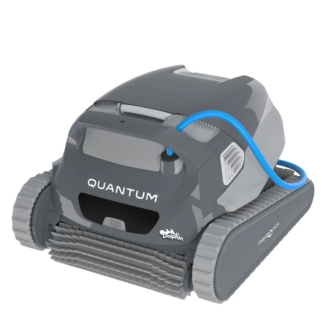 Dolphin Quantum corded robotic pool cleaner, Maytronics' value step-down with XXL MaxBin filter and waterline cleaning. Press image courtesy Maytronics.