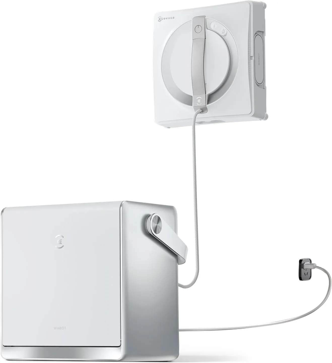Ecovacs Winbot W2 Pro Omni cordless window cleaning robot with portable docking station. Press image courtesy Ecovacs.