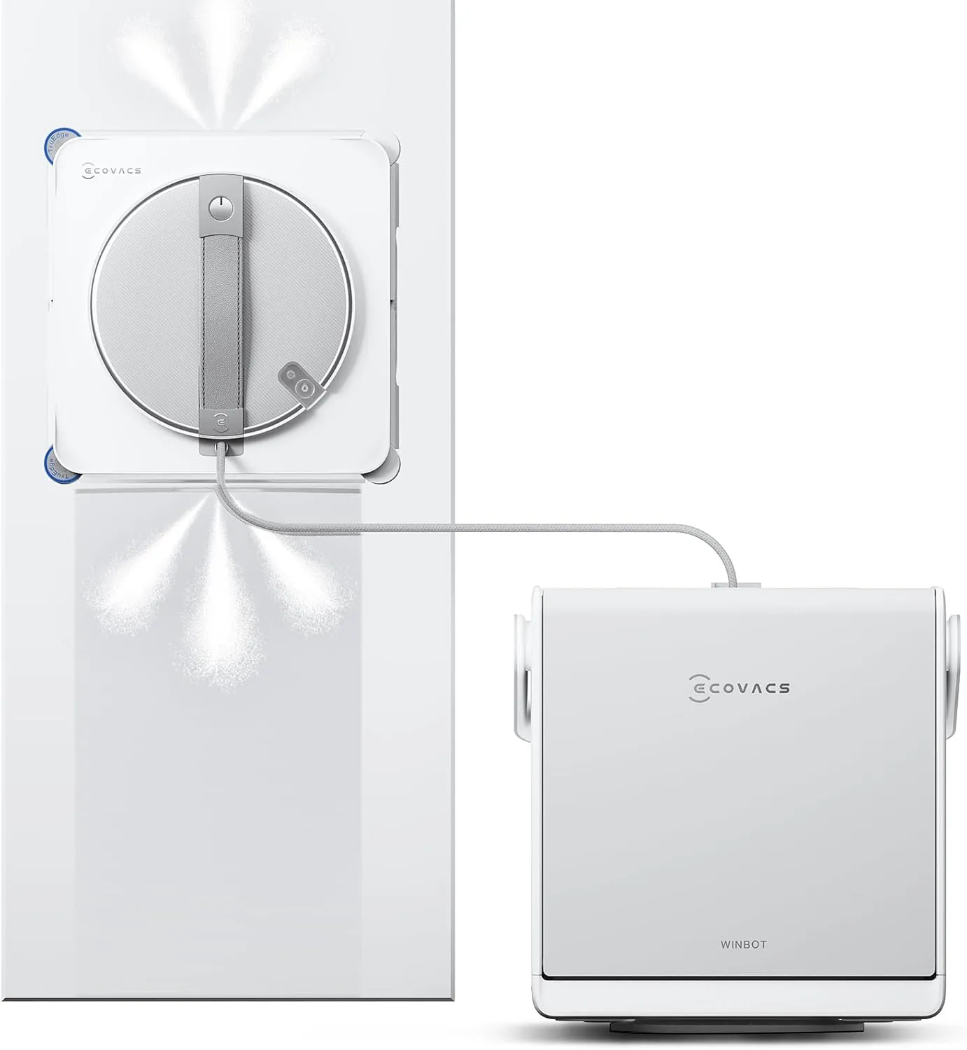 Ecovacs Winbot W2S Omni window cleaning robot with 6-in-1 station and TruEdge precision. Press image courtesy Ecovacs.