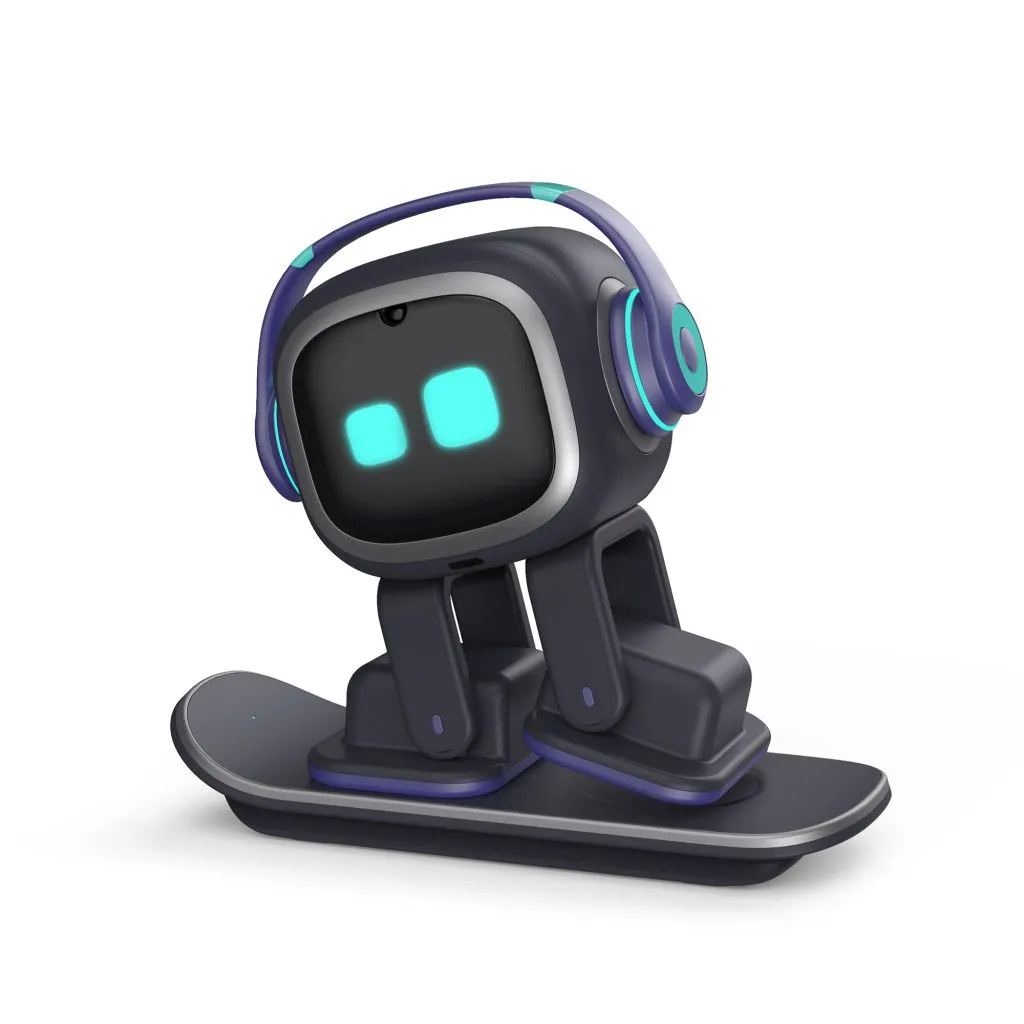 Living.AI EMO desktop robot on its charging base. Press image courtesy Living.AI.