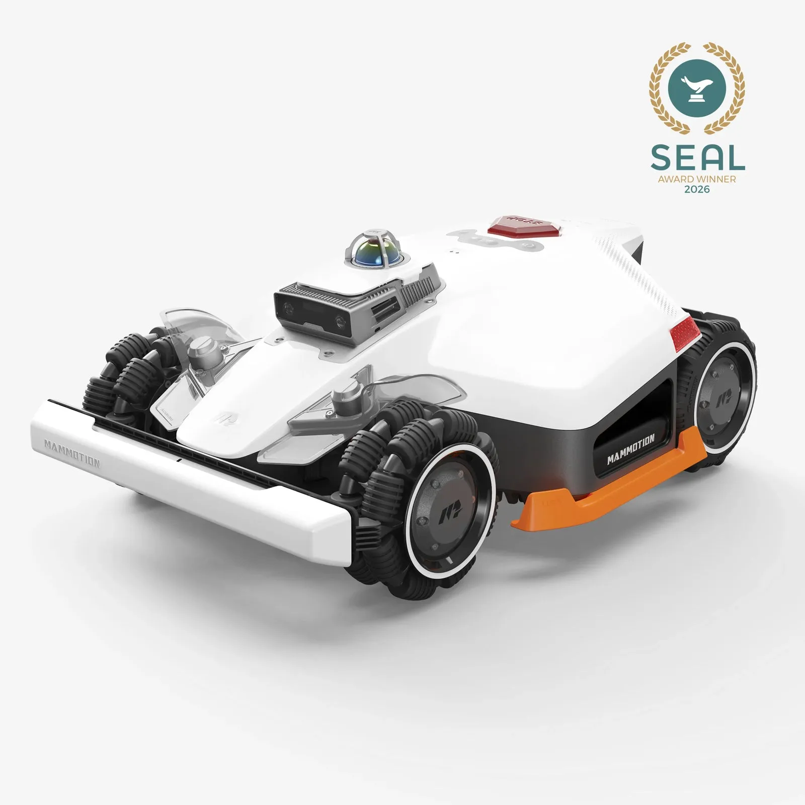 Mammotion LUBA 3 AWD 5000H robot lawn mower with all-wheel-drive chassis and sensor mast, on a clean white background. Press image courtesy Mammotion.