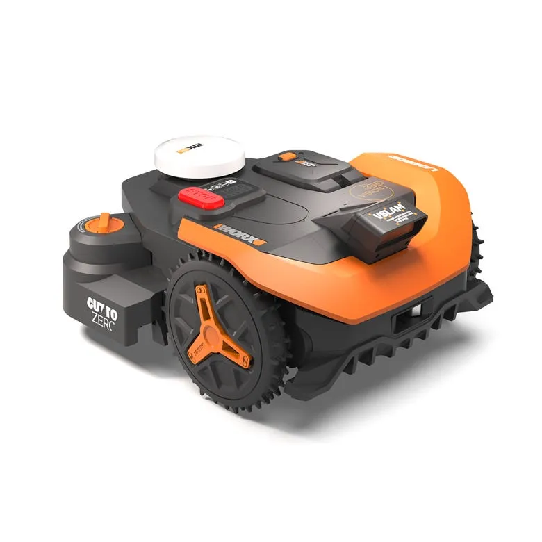 Worx Landroid Vision Cloud WR320 robotic lawn mower, front view of the RTK Cloud + Vision AI ½-acre model. Press image courtesy Worx.